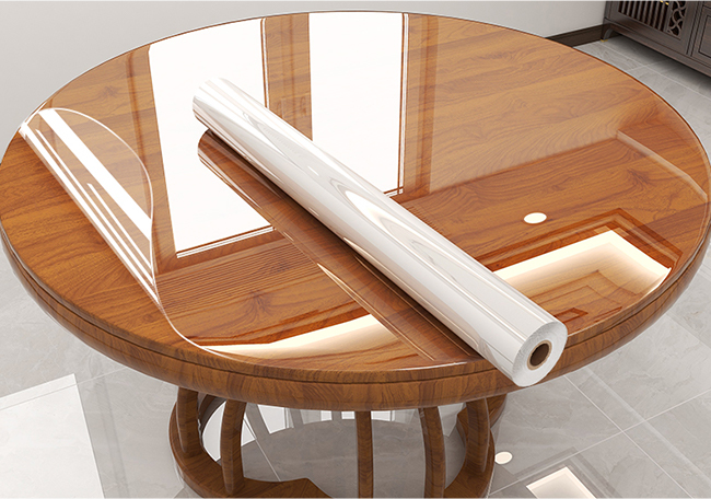 Transparent protective film on wood table
